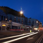 Cyclists and Street lighting outside Pelham Place, Hastings