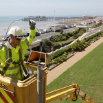 East Sussex County Council contractors converting old-style street lights in Hastings to modern LED lanterns