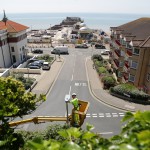 East Sussex County Council contractors converting old-style street lights in Hastings to modern LED lanterns