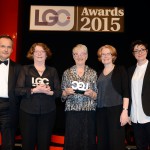 East Sussex County Council’s THRIVE programme won two awards in the LGC Awards. From left: Martin Smith, member of the judging panel and chief executive of the London Borough of Ealing, Liz Rugg, ESCC assistant director of safeguarding, looked-after children and youth justice, Cllr Sylvia Tidy, Alison Jeffery, ESCC assistant director of early help and commissioning and awards host Sue Perkins