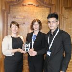 Clare Westbrey-Tong, vice principal of Sussex Downs College (left), presents the SELEP skills award for East Sussex to Josie Ward and Bryan Smith, performance manager and customer service apprentice respectively for East Sussex Highways