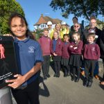 Youngsters from Sandown Primary School try the new pedestrian crossing on The Ridge