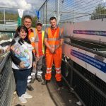 Julie Stockinger, pictured with (from left) Karl Brydon, David Cottell, Shane Arnold, brought gifts for the staff at Maresfield Household Waste Recycling Site