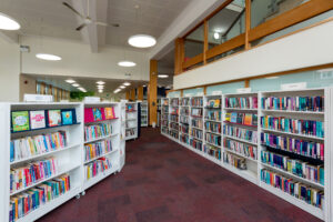 shelves of books in a library