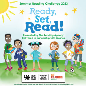 six cartoon characters with Summer Reading Challenge text 