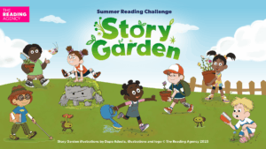 cartoon drawings of children playing in a garden